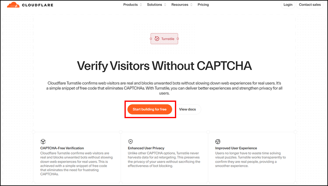 Cloudflare Turnstileのサイトにアクセスし、「Start building for free」をクリックします。