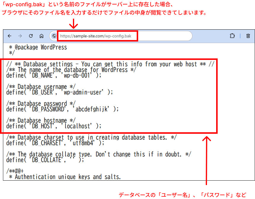  実際にブラウザで「wp-config.bak」にアクセスした例